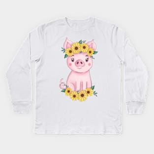 Cute Sunflower Pig Kids Long Sleeve T-Shirt